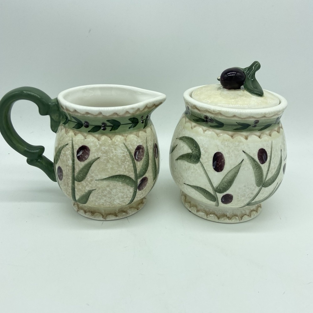 Oneida‎ Oliveto Covered Sugar And Creamer Set Hand Painted Vintage Tuscan Farm